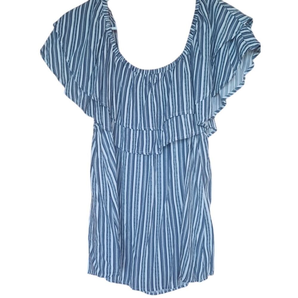 Blue and White Striped Blouse Women's Large Tiered Ruffle Neck Nautical Summer